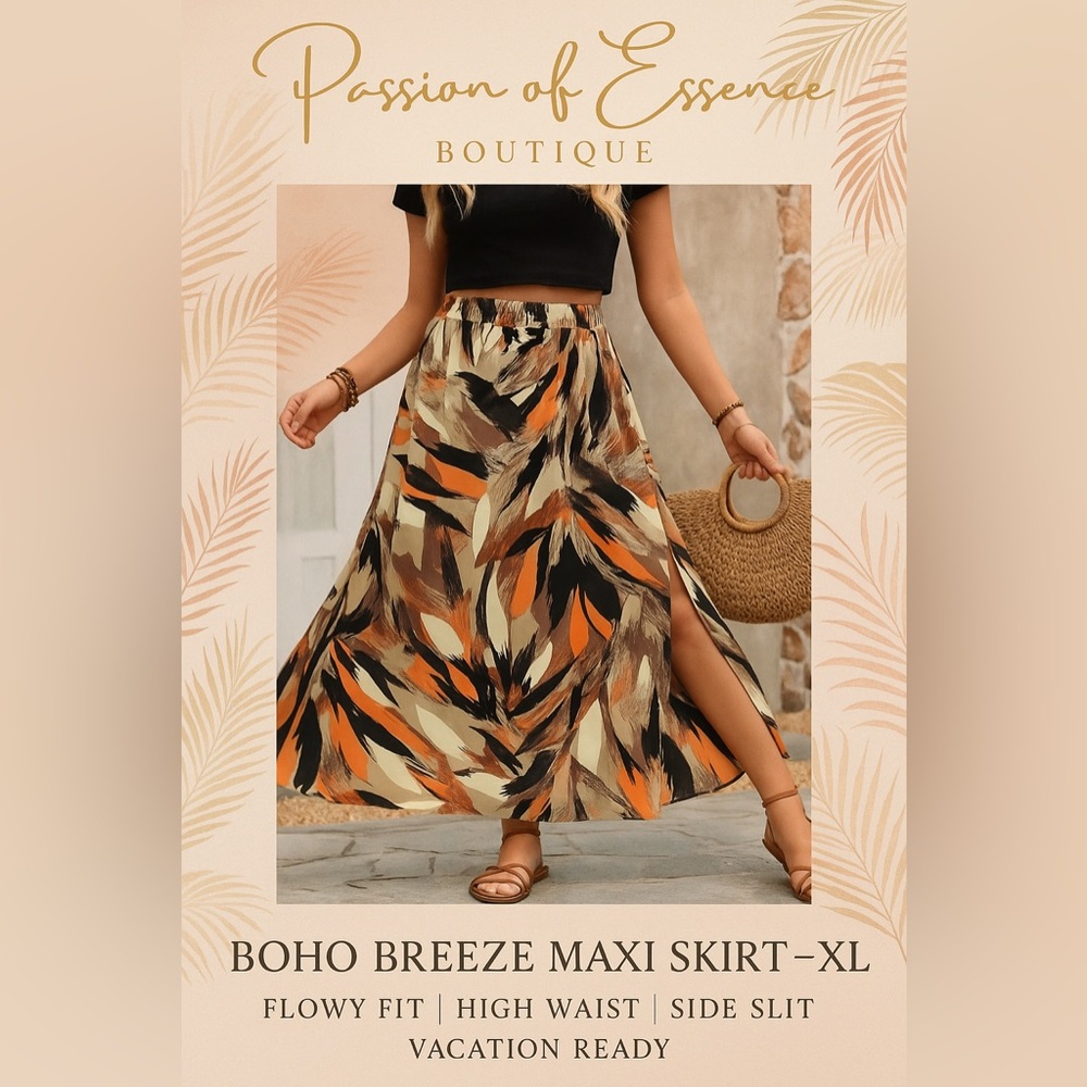 Boho Breeze Maxi Skirt XL Tropical Print with Slit | Orange Black Resort Style - Picture 3 of 7